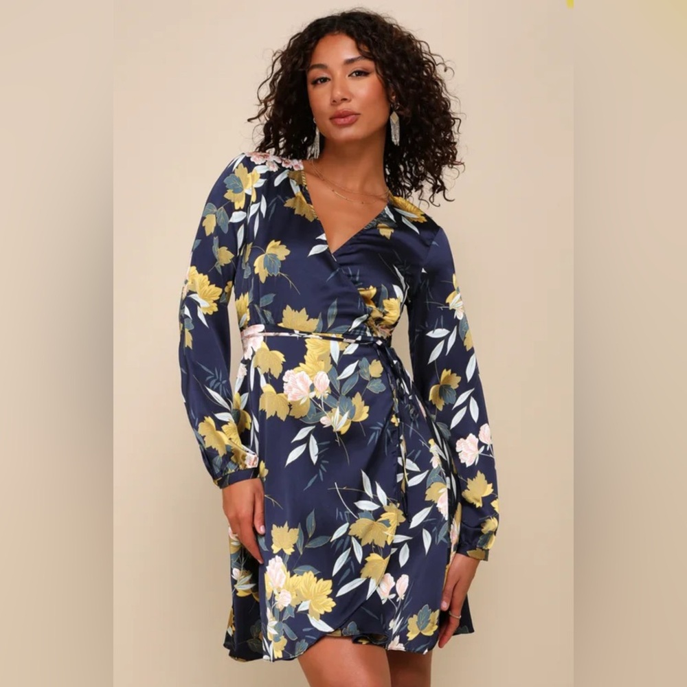 Love is Life Navy Blue Floral Print Satin Wrap Dress